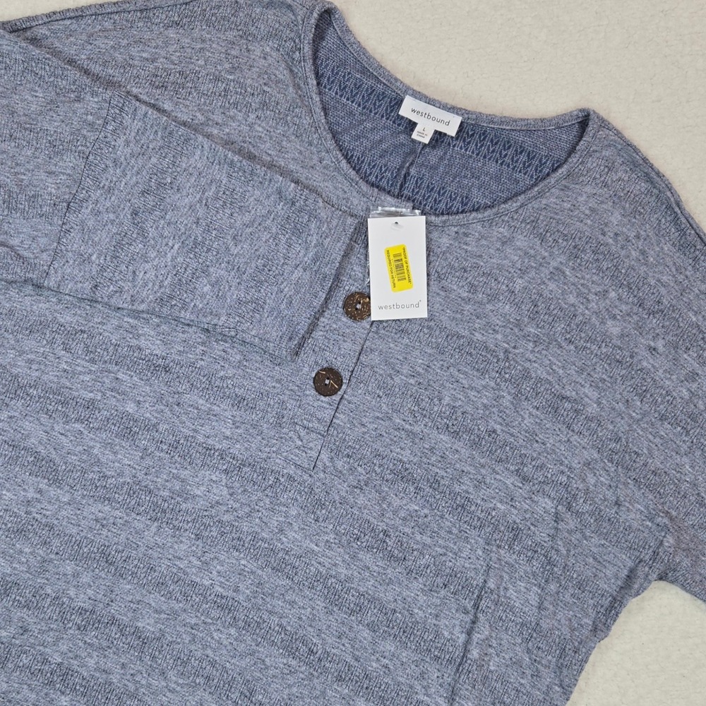 Westbound Henley Top Womens L Blue Gray‎ 3/4 Sleeve Textured Knit Coastal NWT